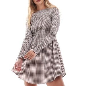 NWT ASOS Long Sleeve Brown Gingham Shirred Mini Dress Size XS